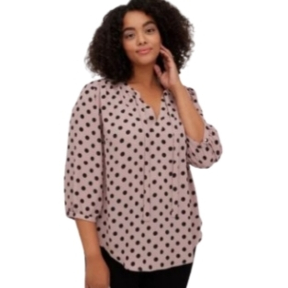 Torrid Pink/Black Polka Dot Tunic Top V-Neck Tie Size 1X 3/4 Sleeve Button Cuffs